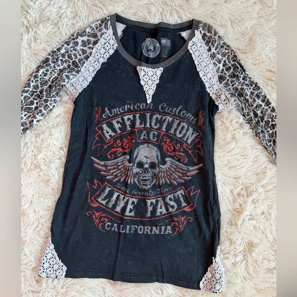 Affliction Black Raglan Top with Red Skull Graphic and Lace Trim